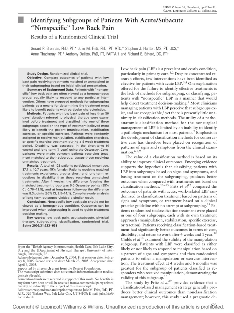 Brennan Et Al Spine 2006 RCT LBP PDF Low Back Pain Physical Therapy