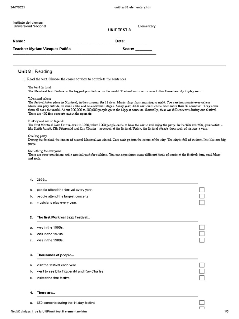 Unit Test 8 Elementary - HTM | PDF