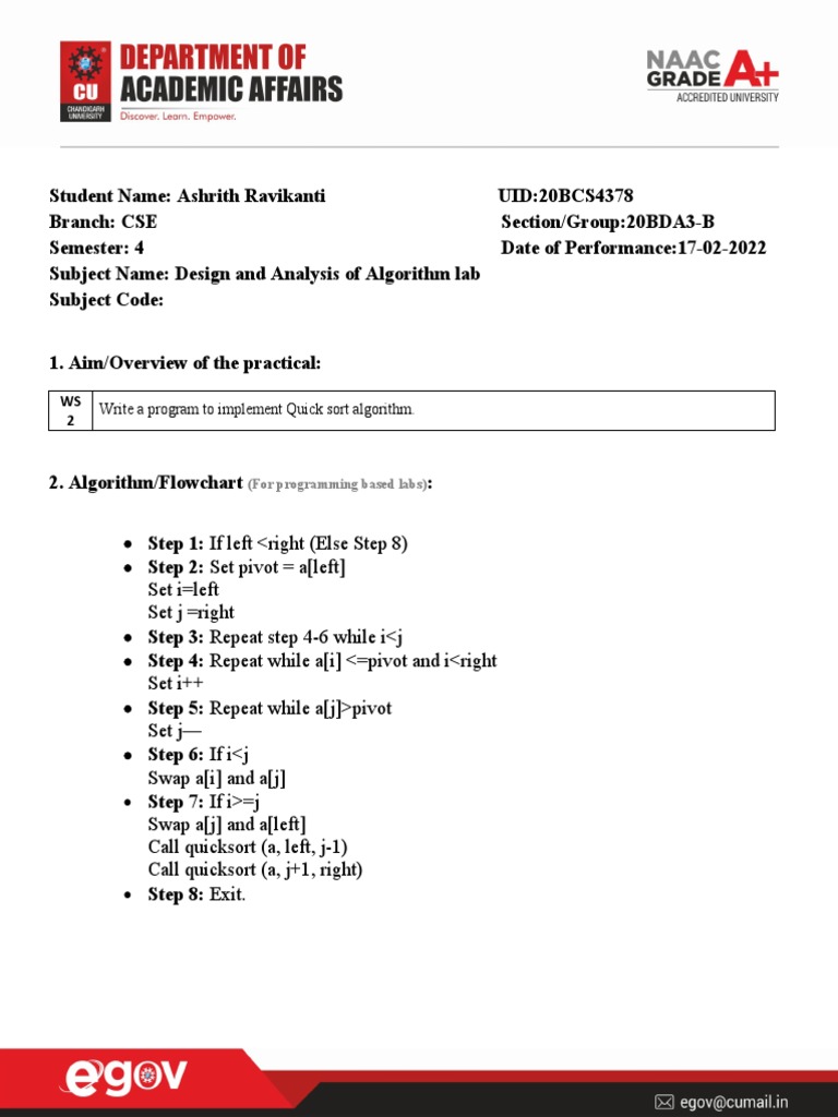 Write A Program To Implement Quick Sort Algorithm.: (For Programming ...
