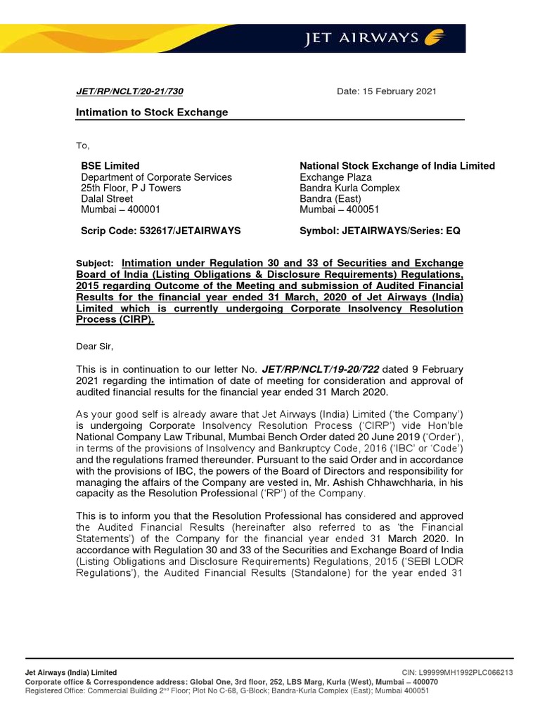Jet Airways FY2020 Financial Results | PDF | Financial Statement | Audit