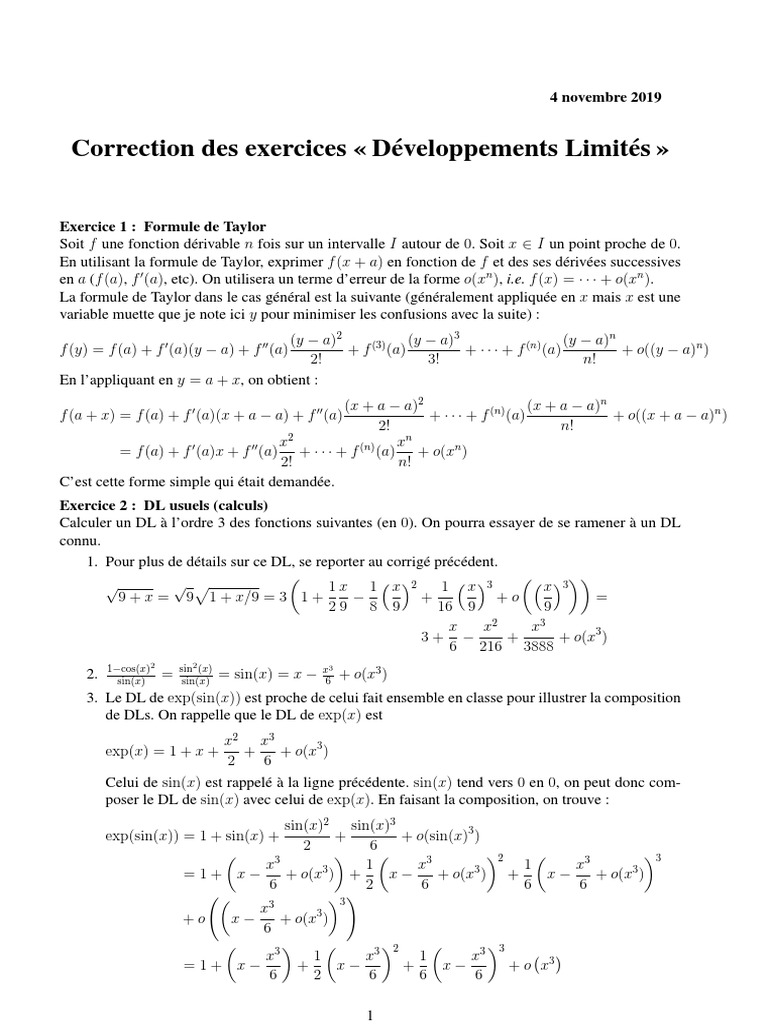 Exercices Corrigés sur Développements Limités | PDF | Limite ...
