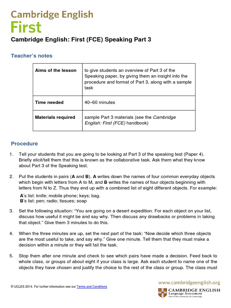Cambridge English: First (FCE) Speaking Part 3: Teacher's Notes | PDF ...