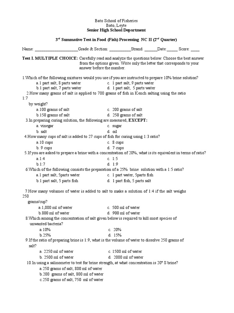 Senior High School Department 3 Summative Test in Food (Fish