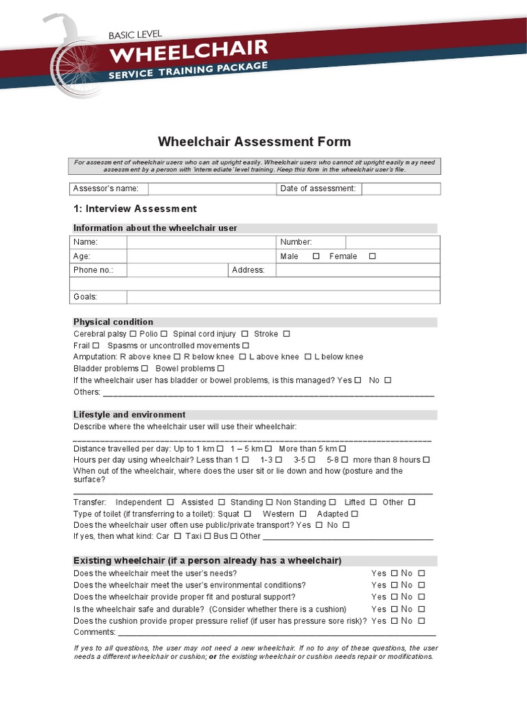 Basic Wheelchair Assessment Form PDF Wheelchair Pressure