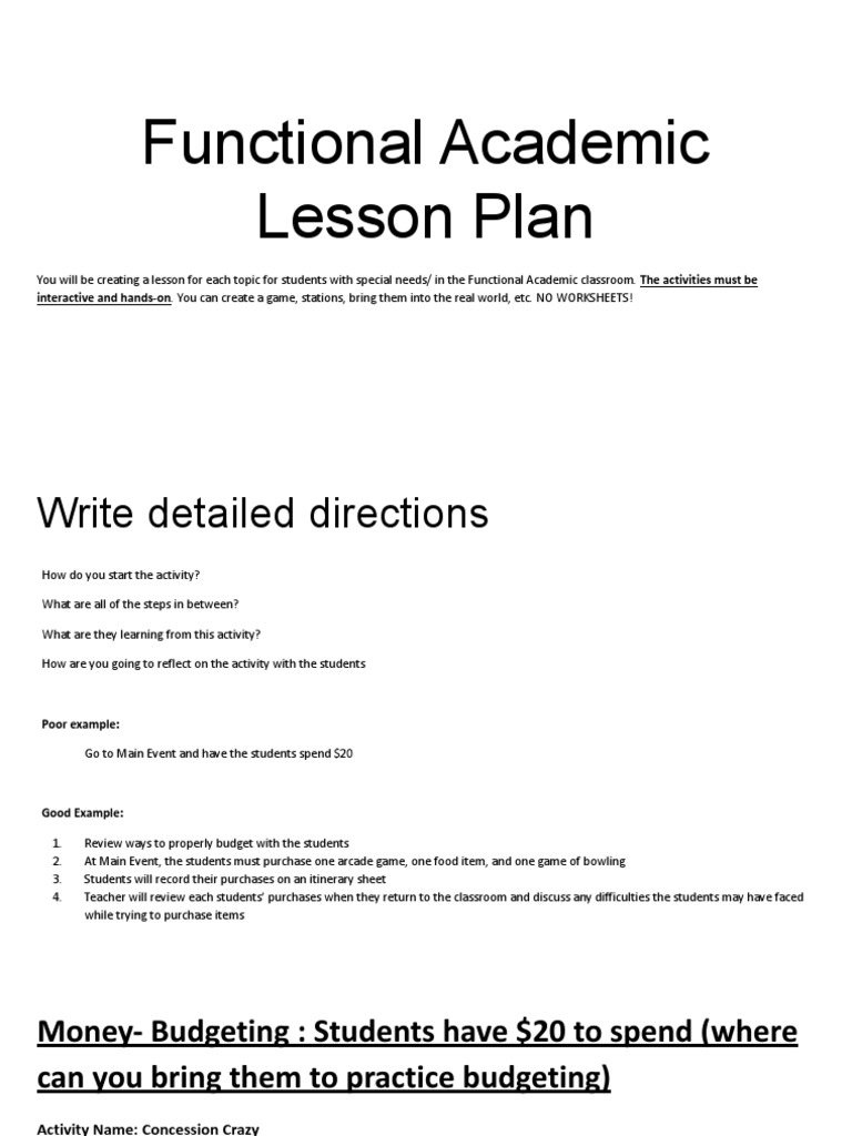 Functional Academic Lesson Plan Guide | PDF | Lesson Plan | Teachers