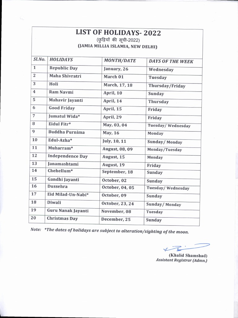 List of Holidays 2022 Jmi PDF