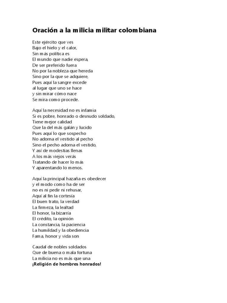 Oración A La Milicia Militar Colombiana PDF