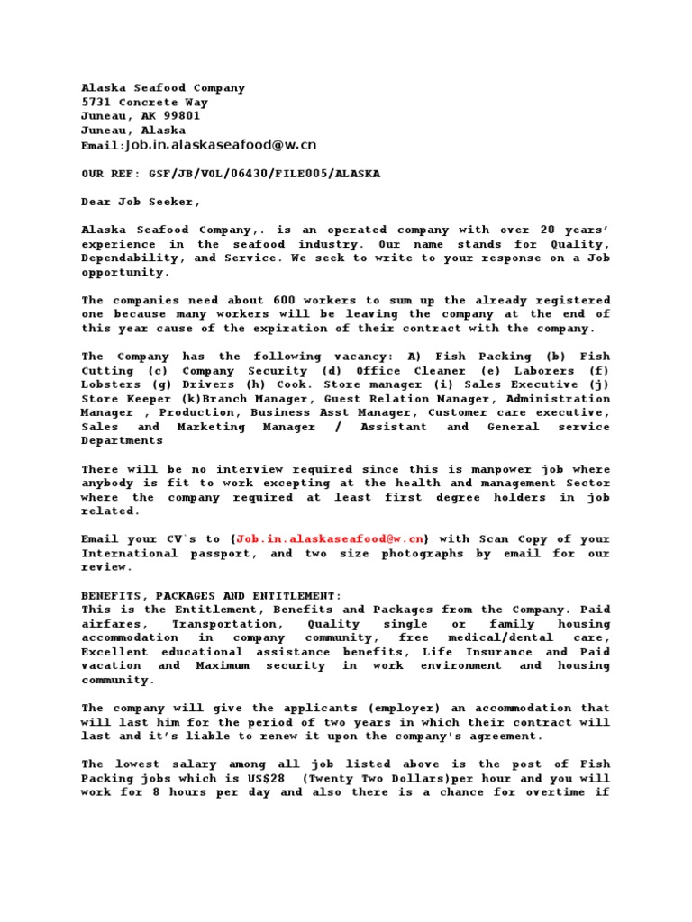 Alaska Seafood Company Employment Business