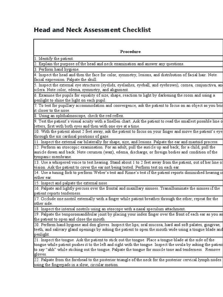 Head and Neck Assessment Checklist PDF Tongue Human Nose