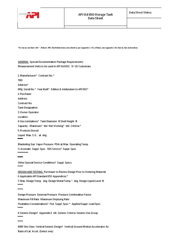 API 650 Data Sheet Summary | PDF | Roof | Pipe (Fluid Conveyance)