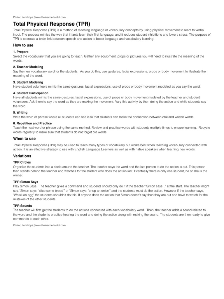 Total Physical Response (TPR) - The Teacher Toolkit | PDF | Vocabulary ...
