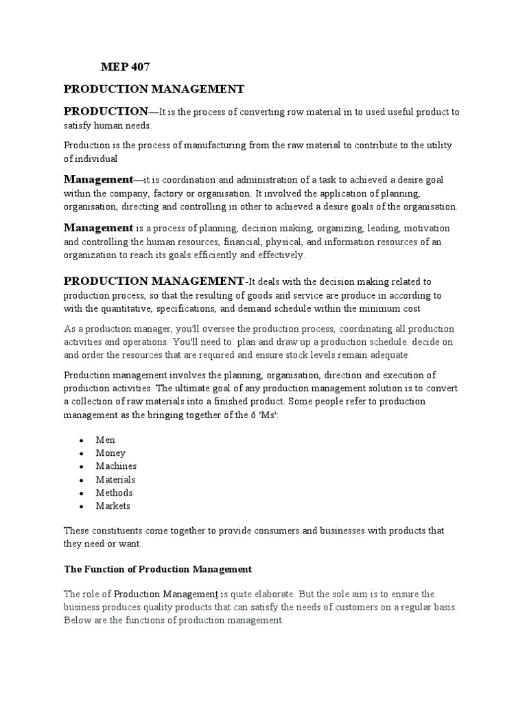 MEP 407 Production Management Production | PDF | Lean Manufacturing ...