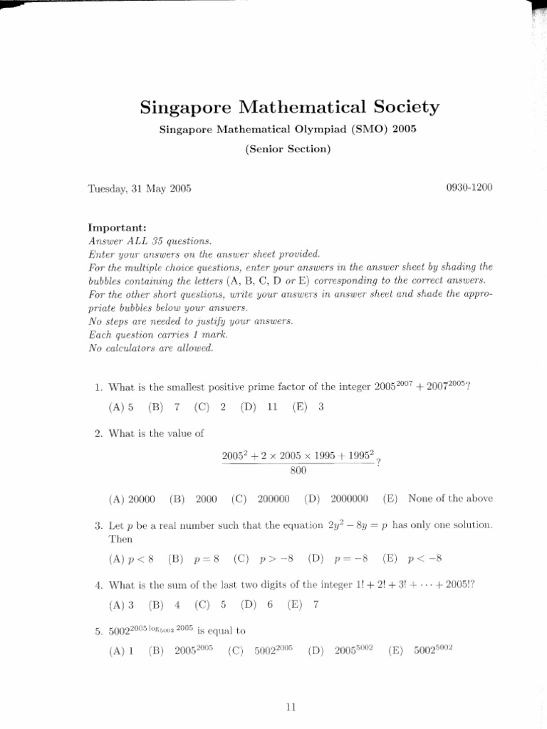 SMO 2005 Junior Section Questions | PDF