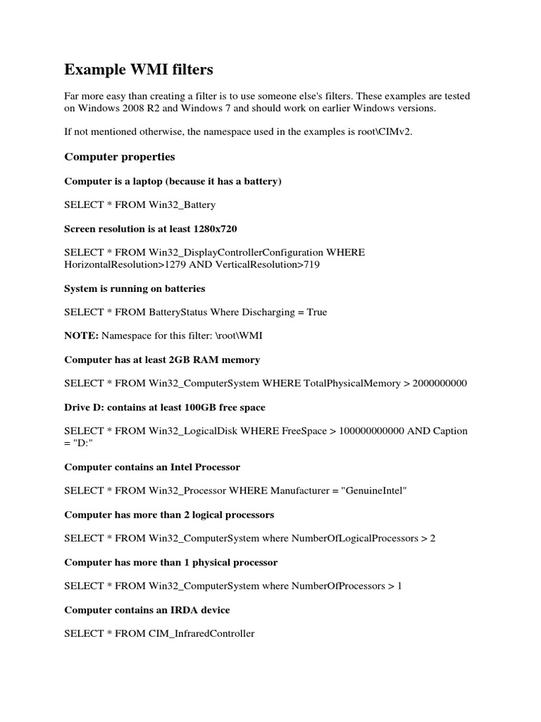 TP N°19a Examples WMI Filters PDF Microsoft Windows Windows Vista