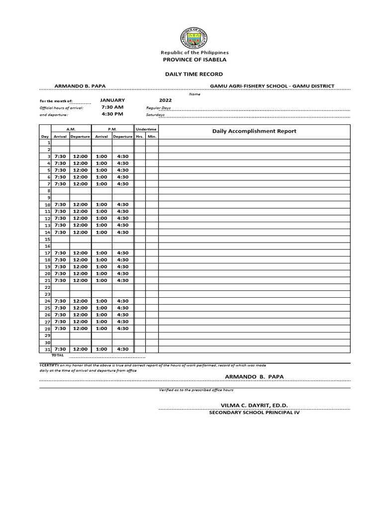 Province of isabela daily time record republic of the philippines pdf