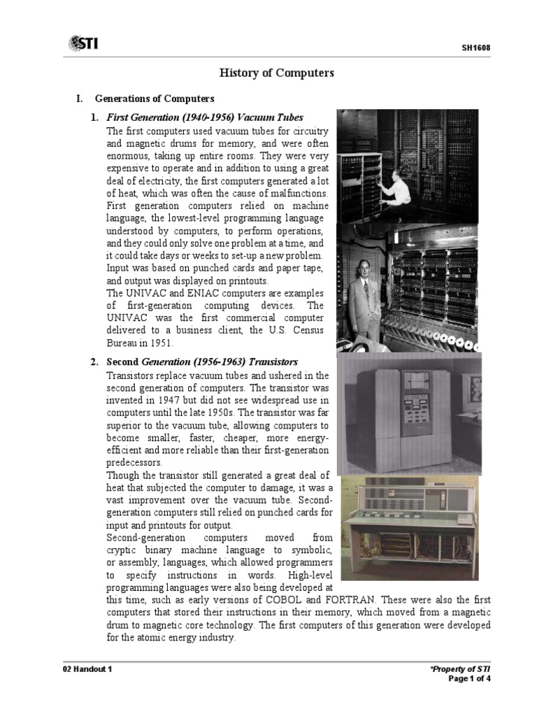 I. Generations of Computers 1. First Generation (19401956) Vacuum