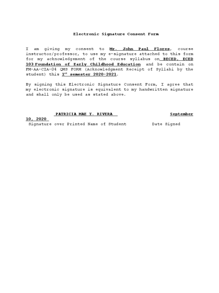 Electronic Signature Consent Forms for Course Syllabus Acknowledgement