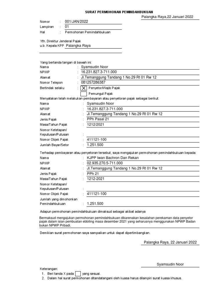 Permohonan Pemindahbukuan Pajak | PDF
