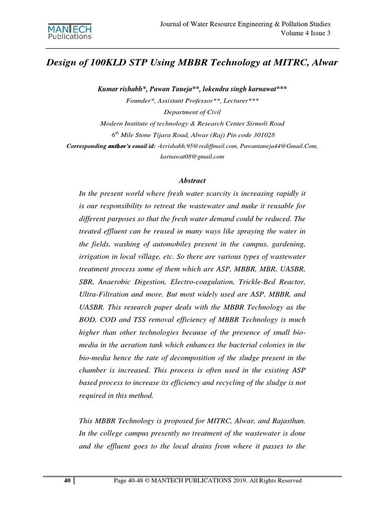 Design of 100KLD STP Using MBBR Technolo | PDF | Sewage Treatment ...