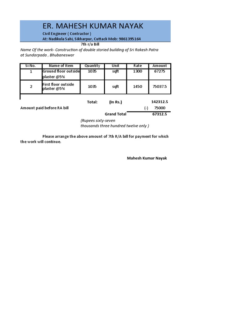 7th R/A Bill for Building Construction | PDF