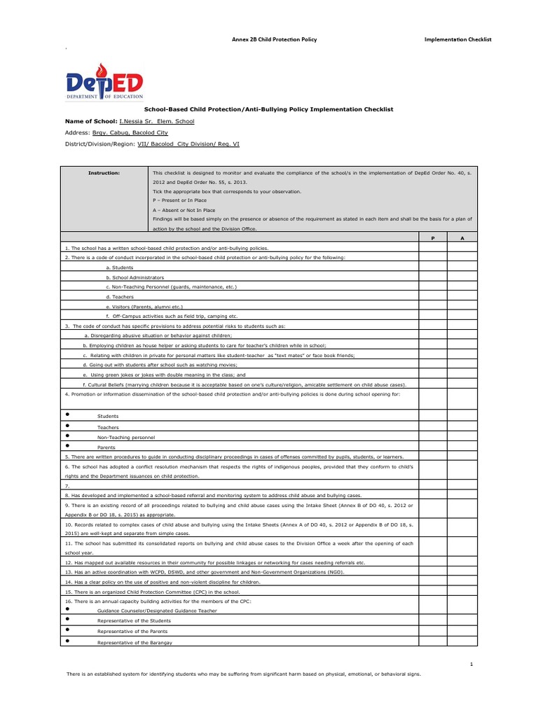 Anti-Bullying Policy Implementation Checklist | PDF | Child Protection ...