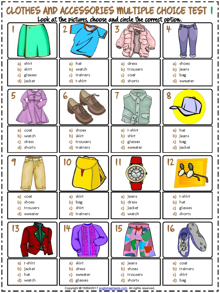 Clothes and Accessories Vocabulary Esl Multiple Choice Tests For Kids ...