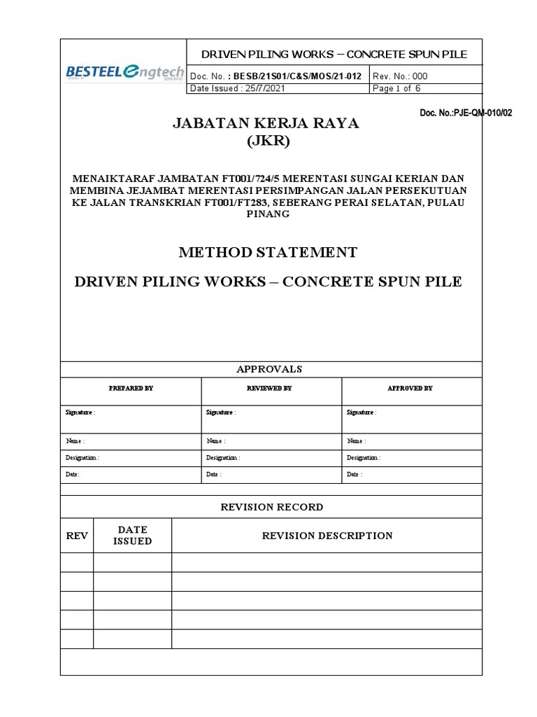Concrete Spun Pile Method Statement | PDF | Deep Foundation | Pollution