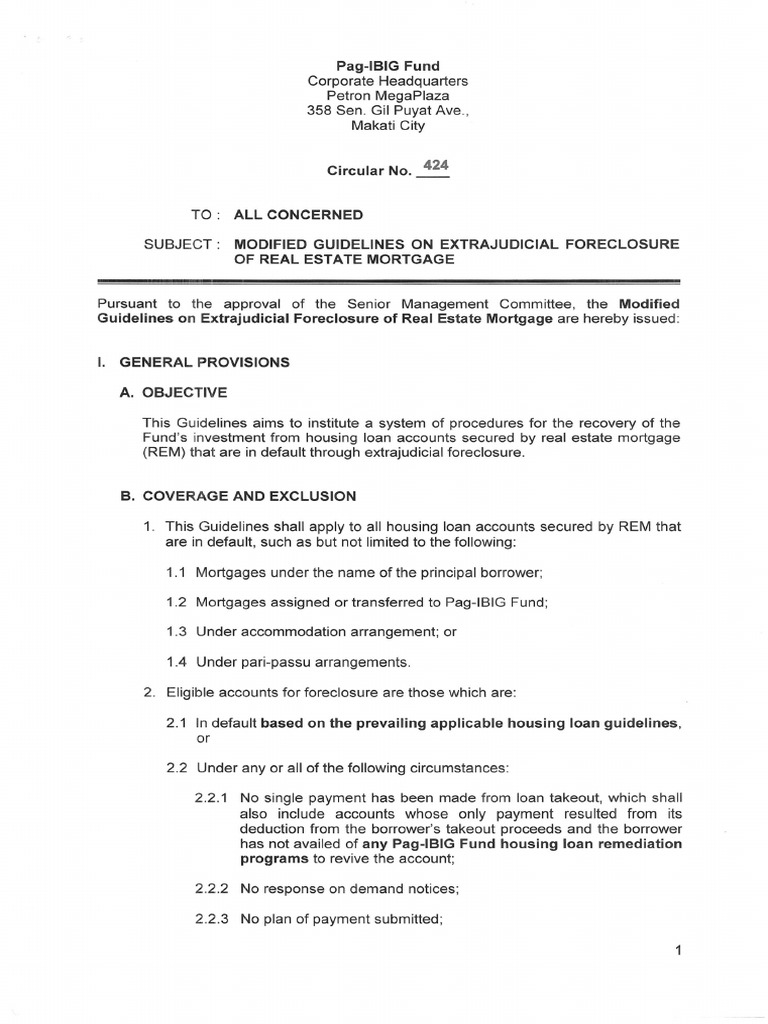 Pag-IBIG Extrajudicial Foreclosure Guidelines | PDF | Mortgage Law ...