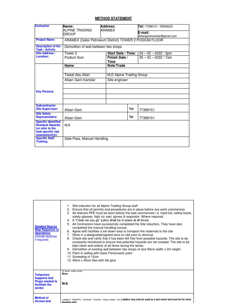 Method Statement and Risk Assessment | PDF | Personal Protective ...