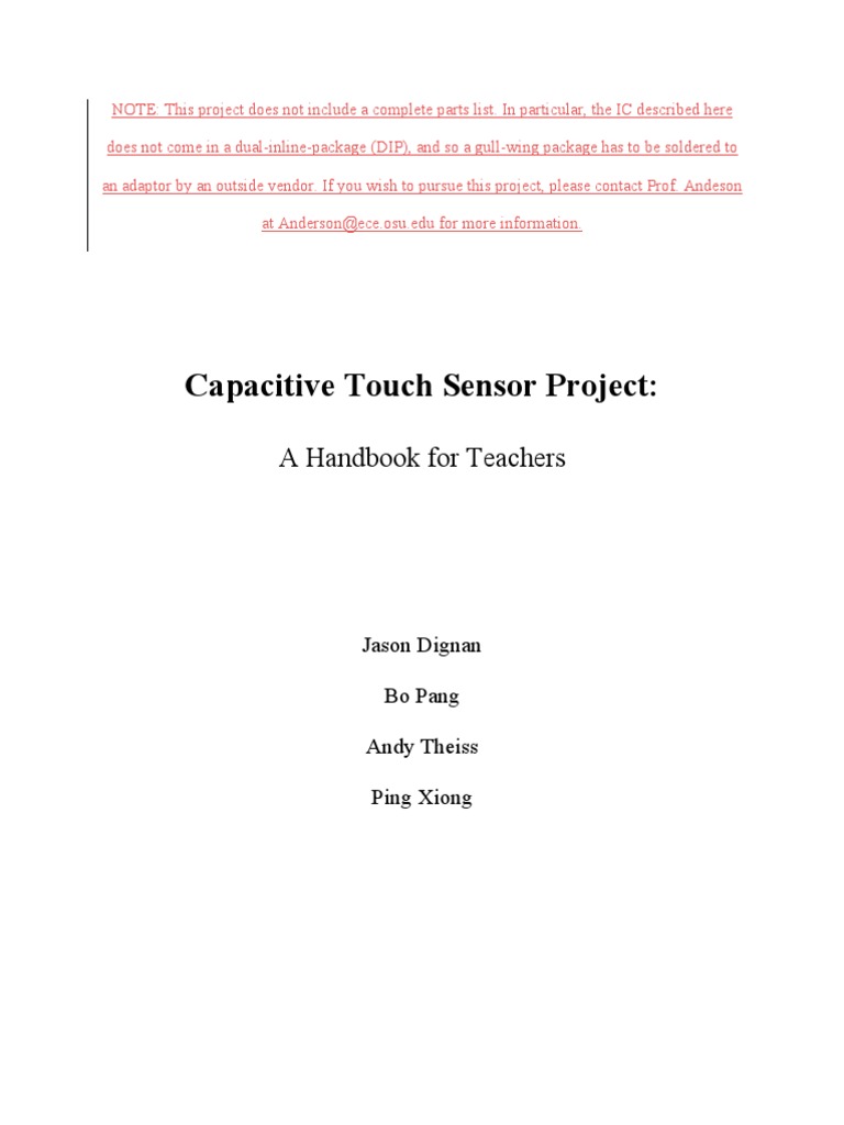 Touch Sensor Project Pdf Capacitor Electrical Network