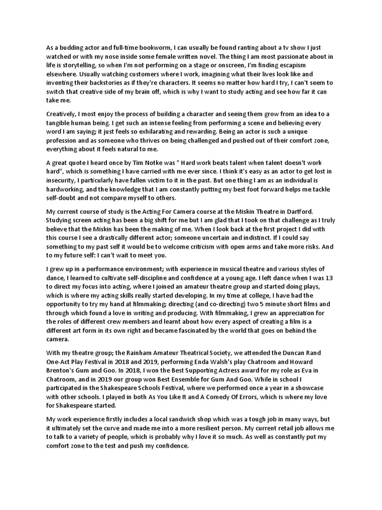 Personal Statement Draft 2 | PDF | Actor