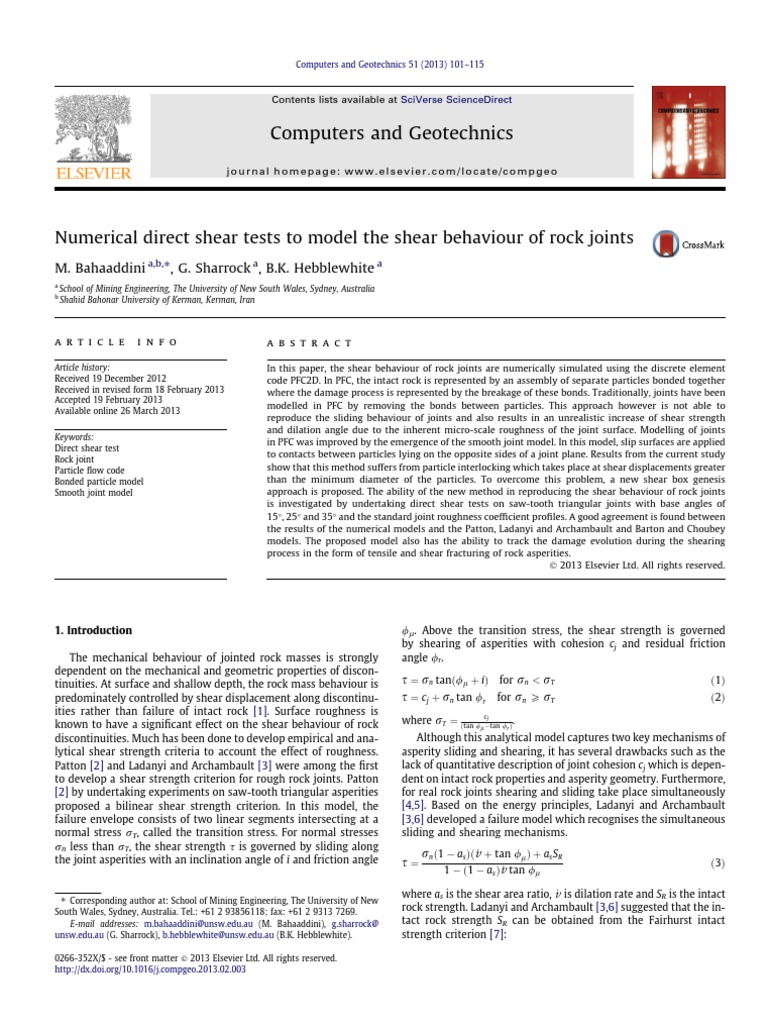 Numerical Direct Shear Tests To Model The Shear Behaviour of Rock ...