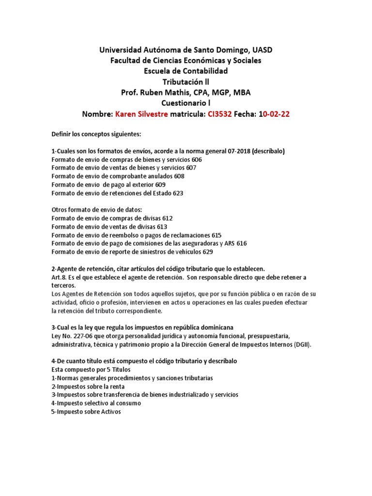 Cuestionario 1 Tributacion II | PDF | Impuestos | Impuesto sobre la renta