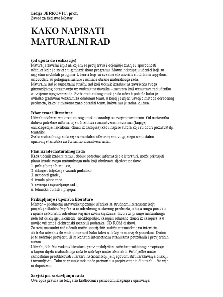 Kako Napisat Maturalni Rad | PDF