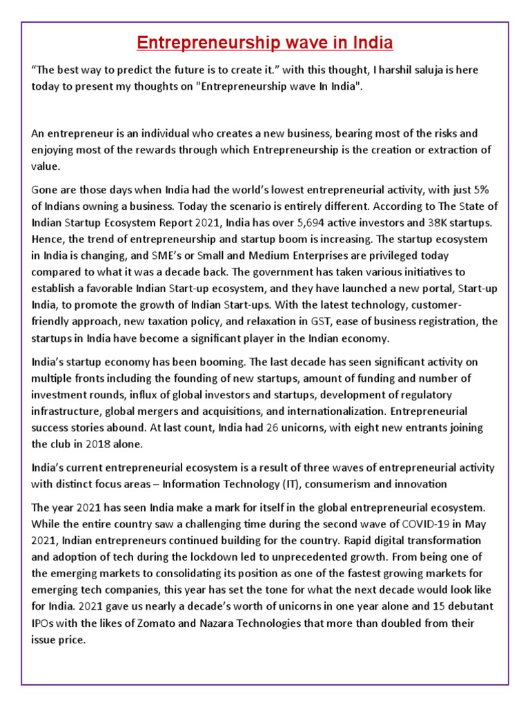 Entrepreneurship Boom in India 2021 | PDF | Startup Company | Small ...
