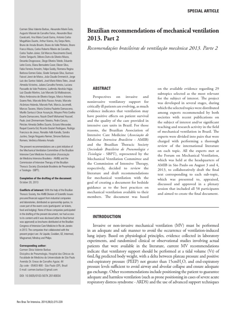 Brazilian Mechanical Ventilation Guidelines | PDF | Lung | Anesthesia