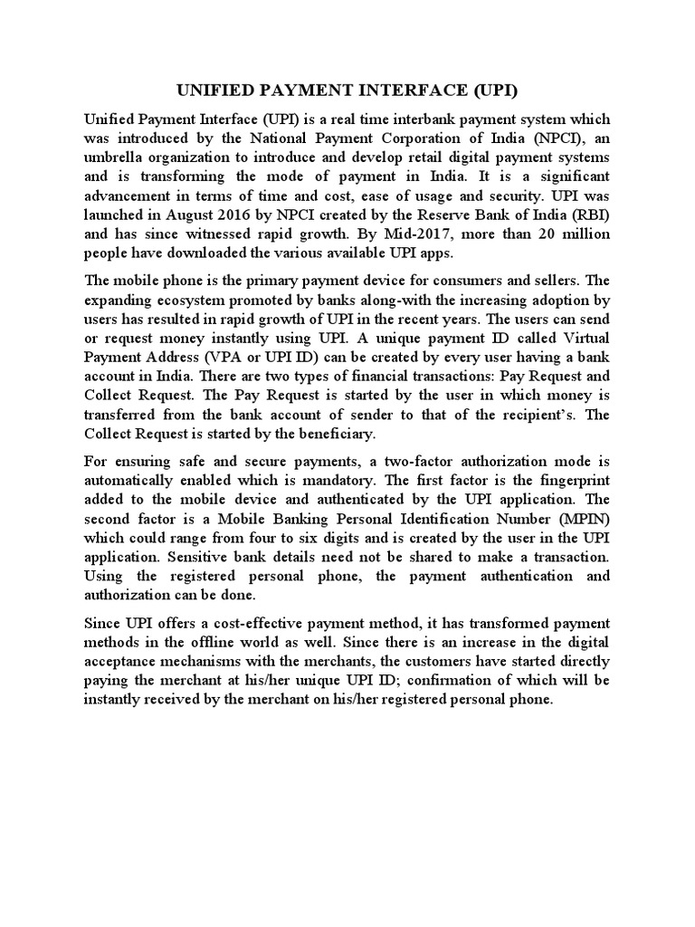 Unified Payment Interface (Upi) | PDF