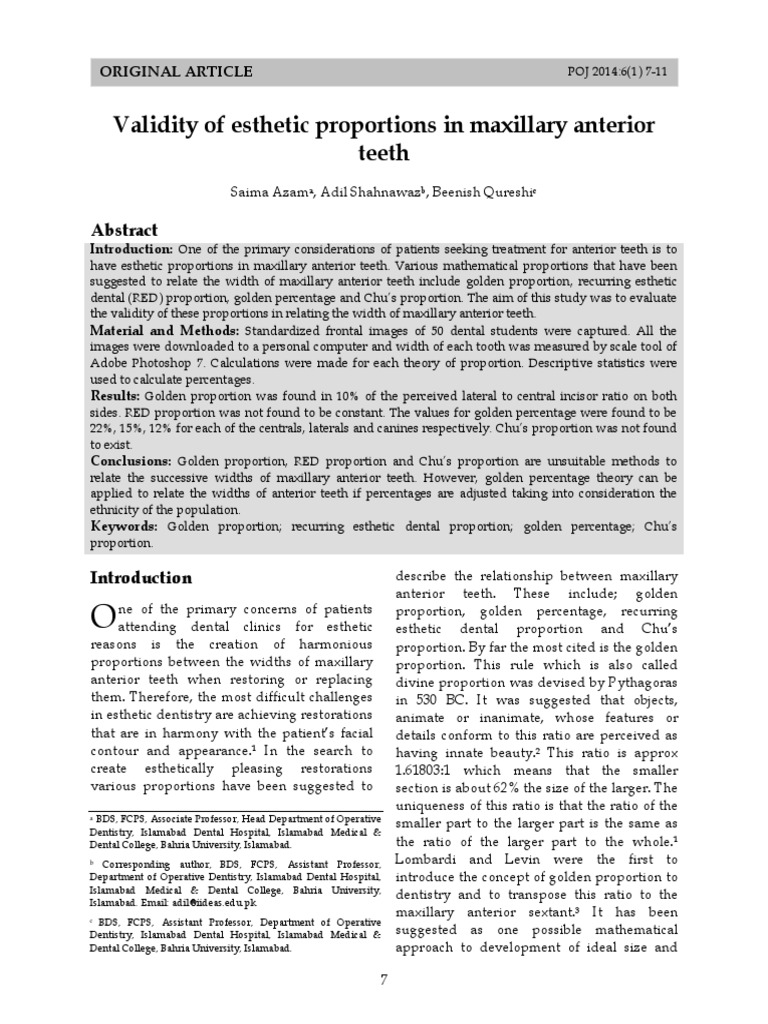 Maxillary Teeth Esthetic Proportions | PDF | Human Tooth | Dentistry