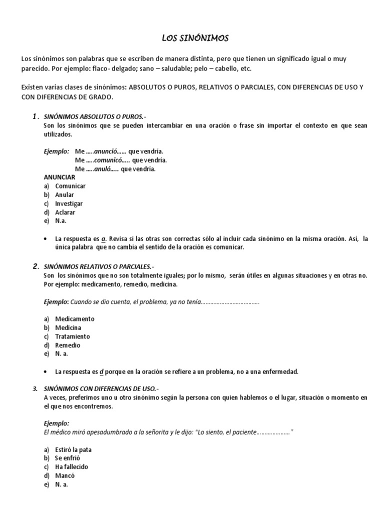 Los Sinónimos y Práctica | PDF | Oración (Lingüística) | Diccionario