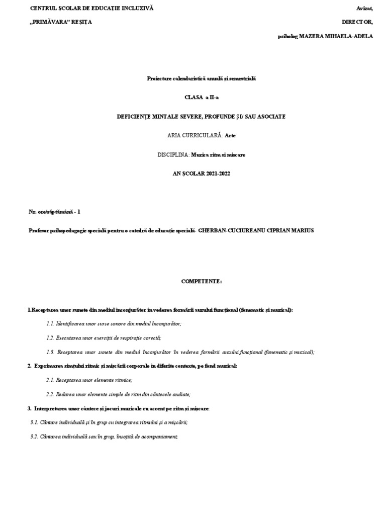 Muzica Ritm Si Miscare Clasa A 2-A | PDF