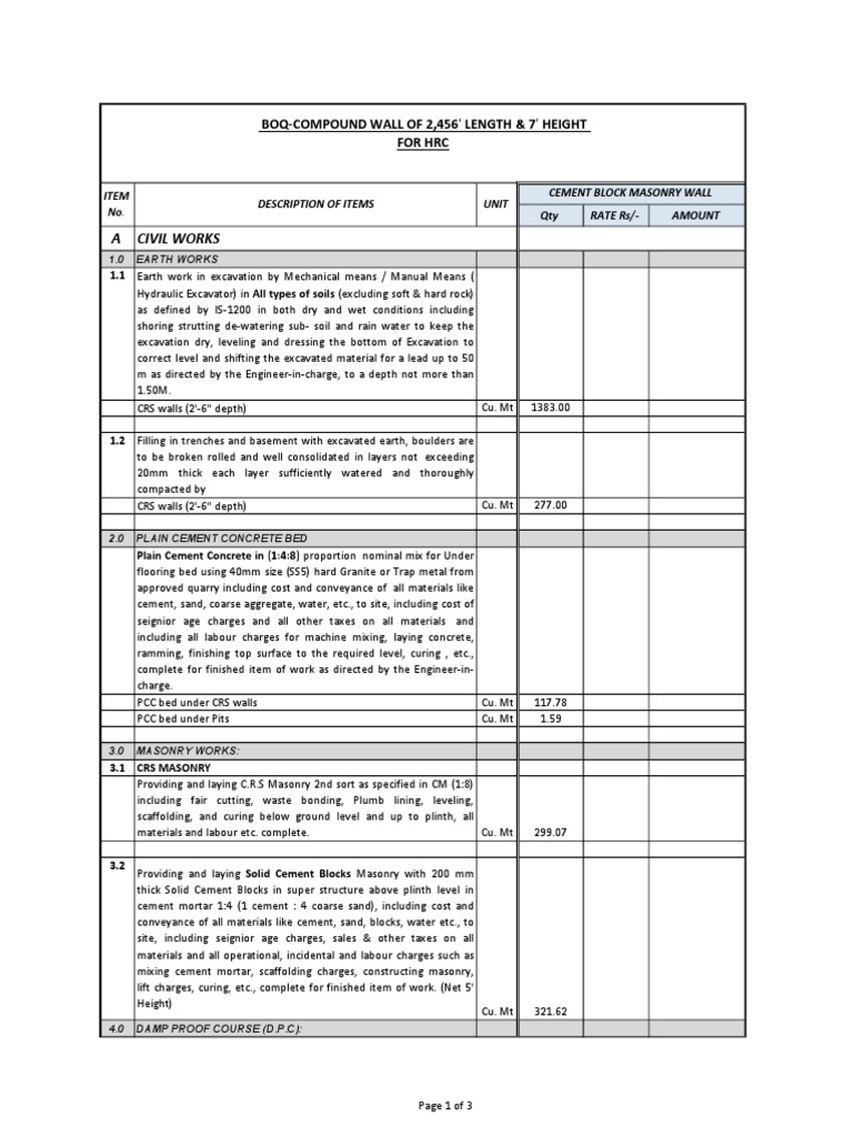 Compound Wall BOQ PDF Concrete Masonry