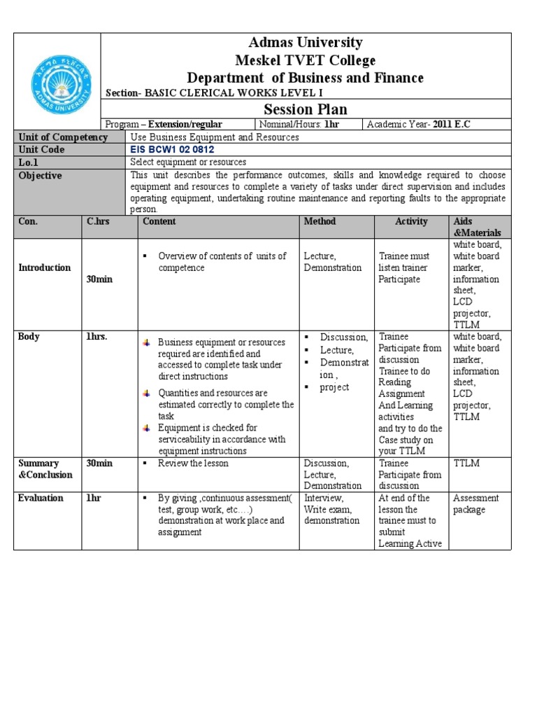 Use Business Equipment and Resoures PDF Lecture Test (Assessment)