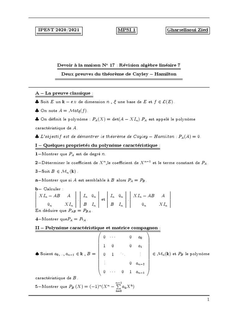 Cayley-Hamilton : Matrice Compagnon et Preuves | PDF | Algèbre générale ...