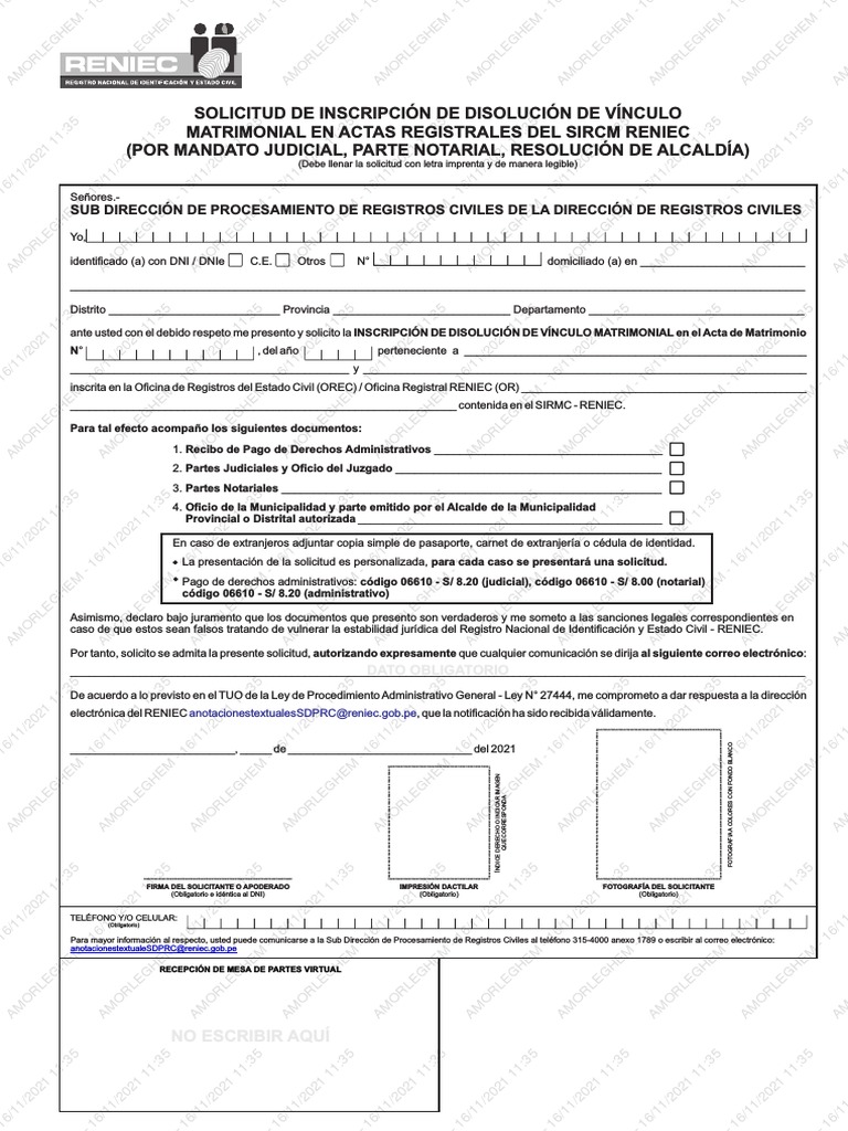 Formato Solicitud Inscripción de Disolución de Vínculo Matrimonial en ...
