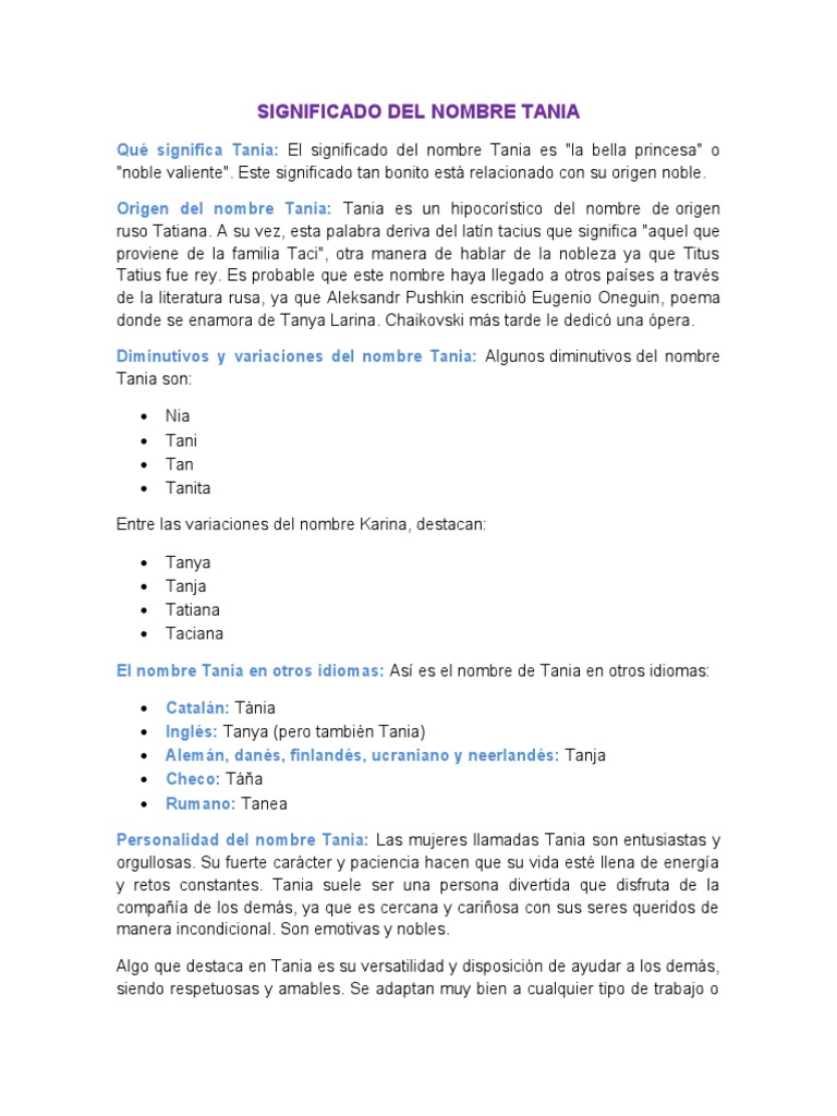 Qué Significa Tania Origen Del Nombre Tania PDF Apellido