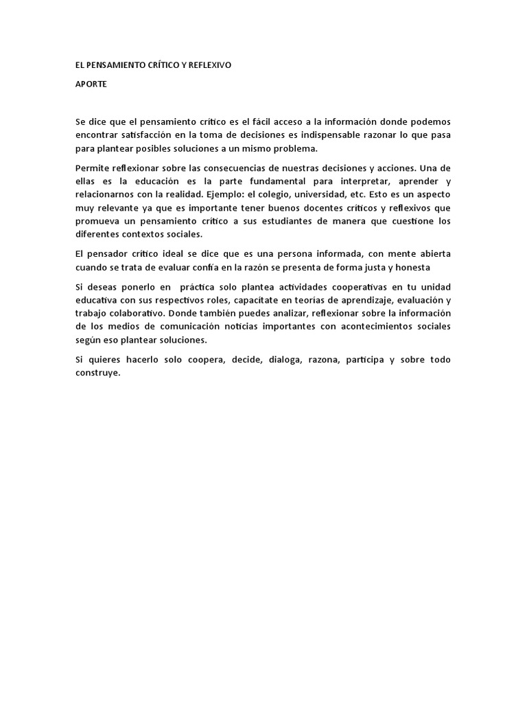 El Pensamiento Crítico y Reflexivo | PDF