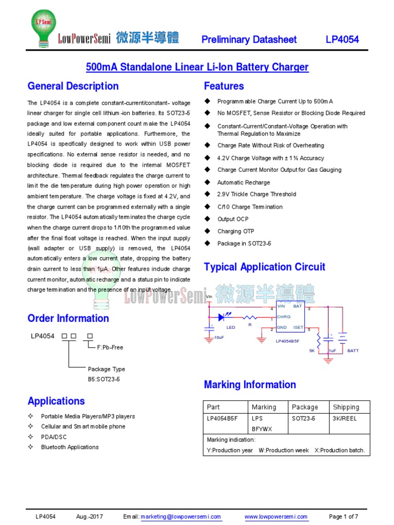 500ma Standalone Linear Li-Ion Battery Charger General Description ...