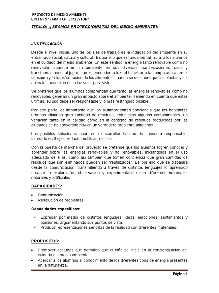 Proyecto Cuidado del Medio Ambiente Inicial | PDF | Residuos | Energía ...