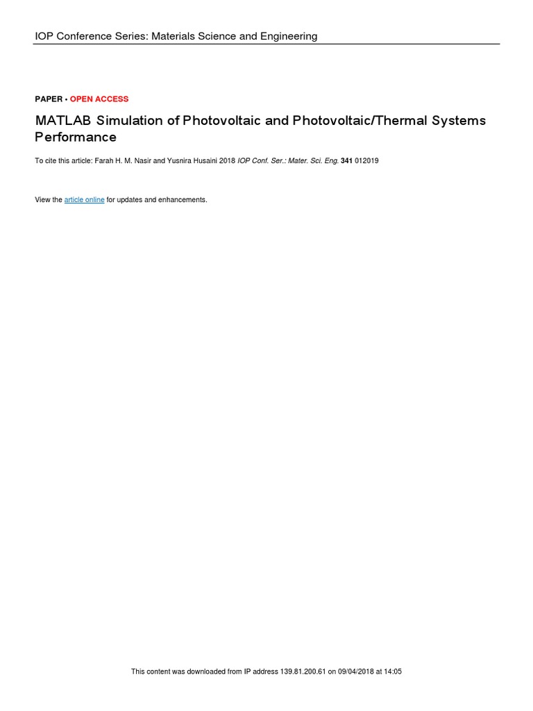 MATLAB Simulation of Photovoltaic and Photovoltaic/Thermal Systems ...