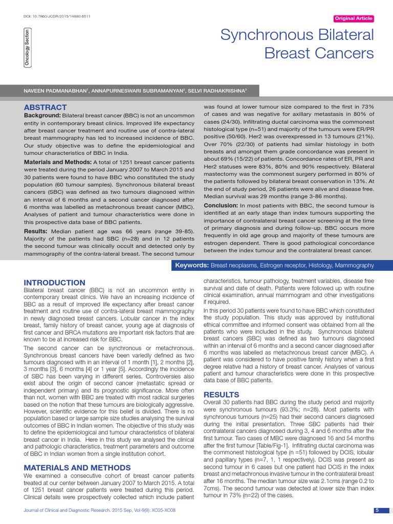 Synchronous Bilateral Breast Cancers PDF Breast Cancer Mammography